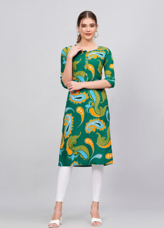 Women's Printed Cotton Green Kurti -  XS to 10XL