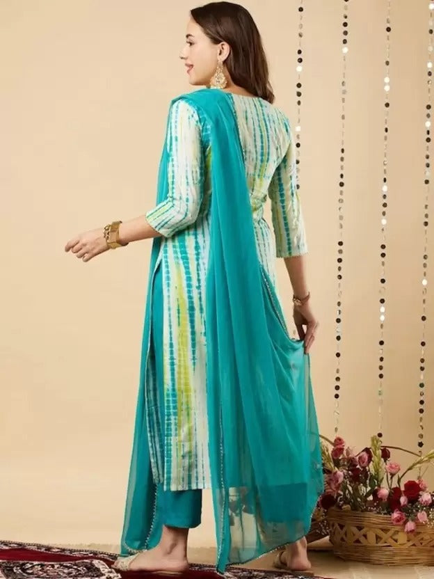 Dyed Embroidered Kurta with Trousers & Dupatta