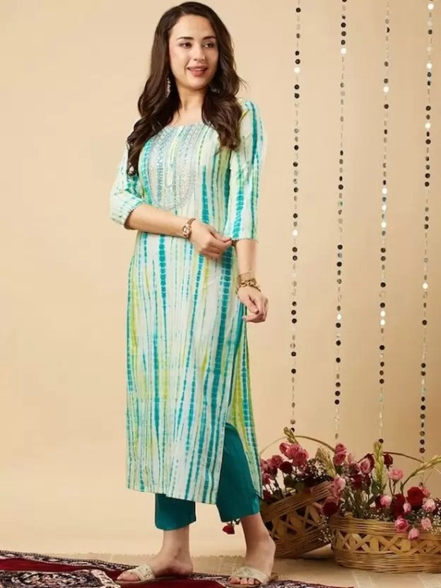 Dyed Embroidered Kurta with Trousers & Dupatta